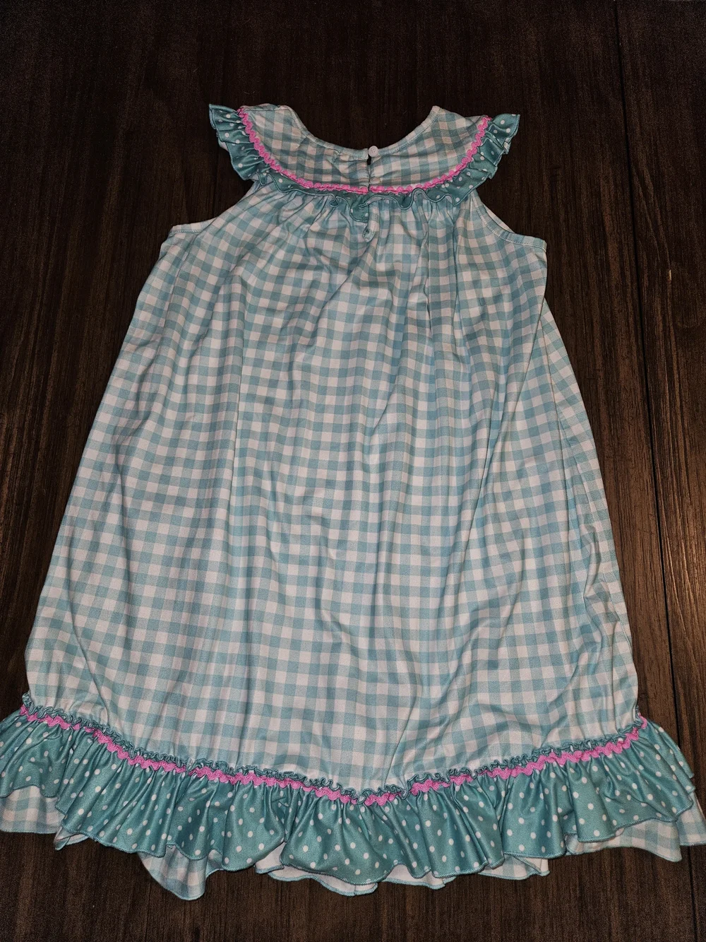 Girls' Teal Gingham Flamingo Nightgown with Pink Trim